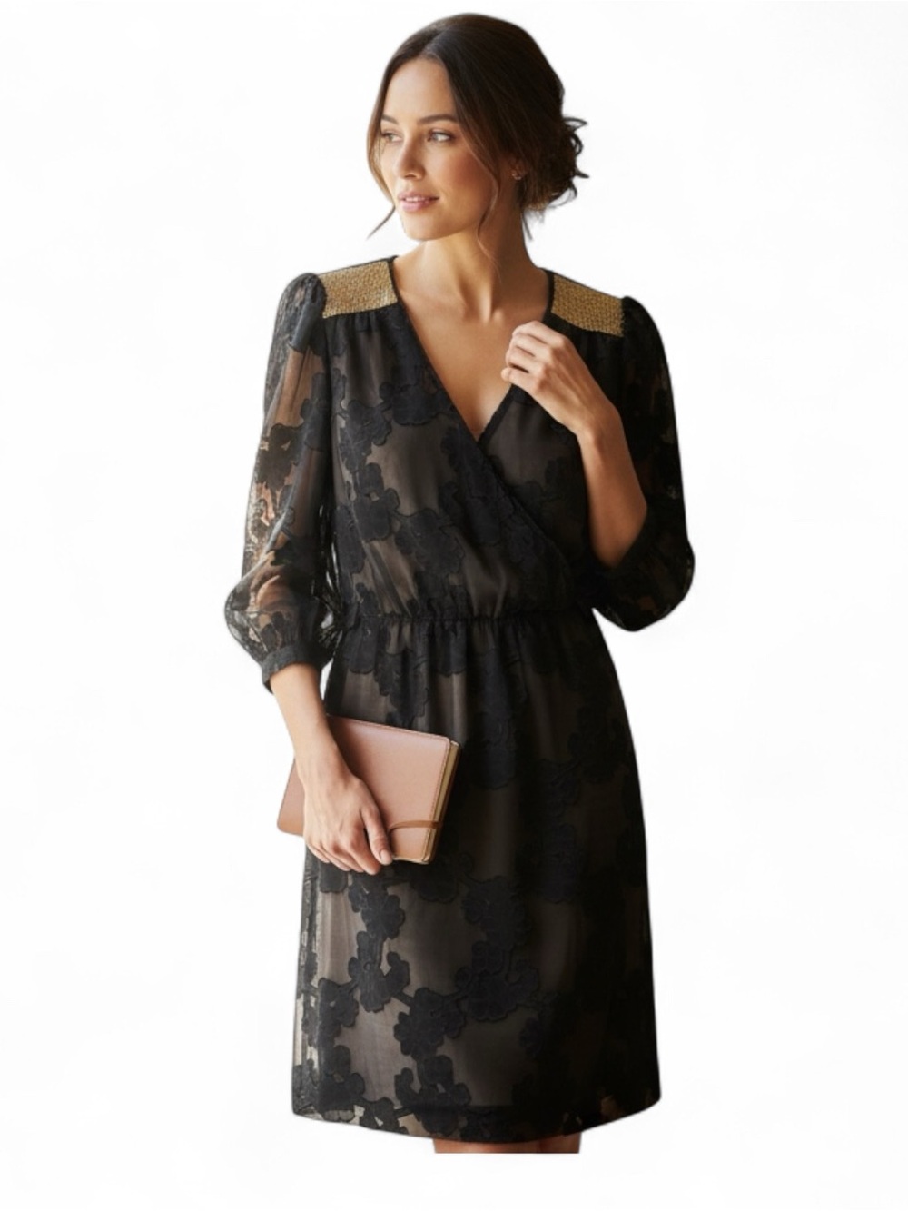 Hoss Intropia Black Sheer Overlay Floral Dress Gold Shoulder Beaded Detail